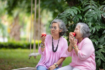 Obraz premium Two Elderly Women Sitting Outdoors, Enjoying Red Apples Together, Sharing a Moment of Friendship and Conversation Amidst Lush Greenery