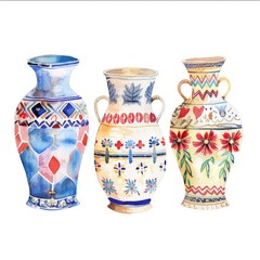 Watercolor painting of a trio of Mediterranean vases, each displaying patterns, on isolated white background, Generative AI