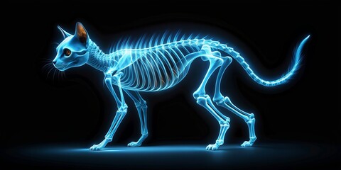 Fototapeta premium Mysterious ginger cat's skeleton glows blue on a dark background, its ribs and spine eerily illuminated, as if radiating an otherworldly aura, generated by AI.