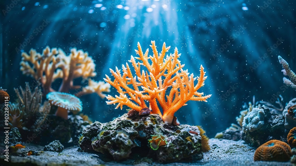 Poster Coral reef experiencing severe bleaching with a contrast of healthy and unhealthy coral ensuring the subject is centered with ample empty space around the edges Stock Photo with copy space