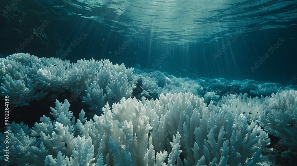 Poster wide shot of an underwater coral environment heavily affected by bleaching with visible marine life 