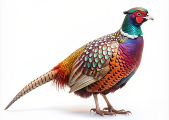 Vibrant ring-necked pheasant with iridescent feathers, intricately patterned tail, and regal demeanor poses proudly, isolated on a clean white background, showcasing its majestic beauty.