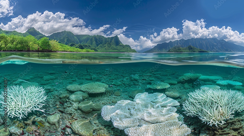 Aufkleber Detailed capture of bleached coral with surrounding marine ecosystem showing the impact of rising temperatures leaving ample empty space on the left side of the image Stock Photo with copy space
