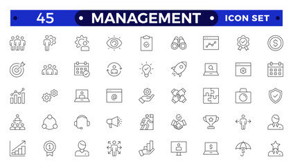 Outline icons related to management, administration, supervision, leadership, business, governance. Linear icon collection. Management icon collection.