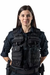 Young police woman wearing security bulletproof vest uniform over white background