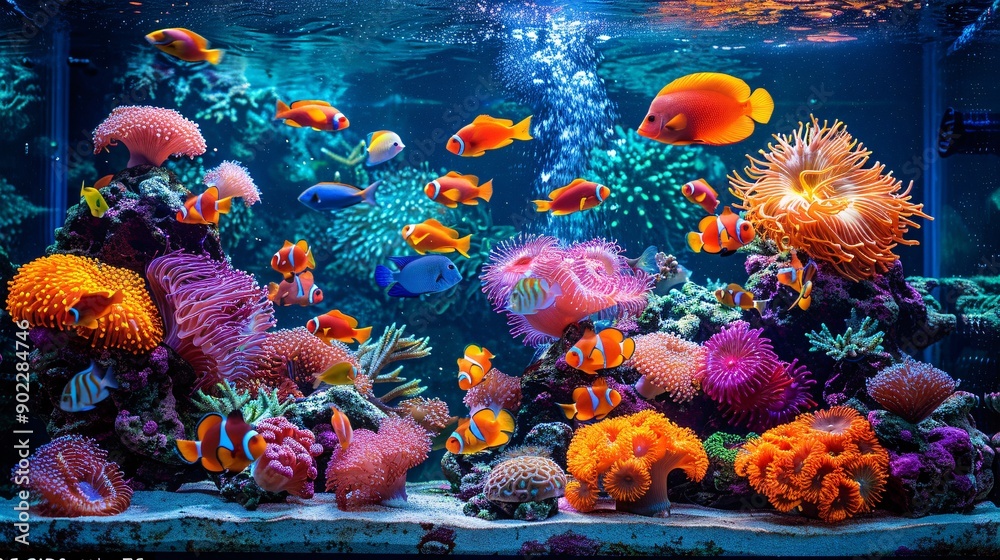 Poster Underwater scene showing a mix of bleached and healthy coral with vibrant fish ensuring the subject is centered with ample empty space around the edges Stock Photo with copy space