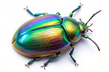 Naklejka premium Vibrant oval-bodied whirligig beetle with iridescent sheen, short legs, and delicate antennae isolated on a pure white background with a stylized digital art aesthetic.