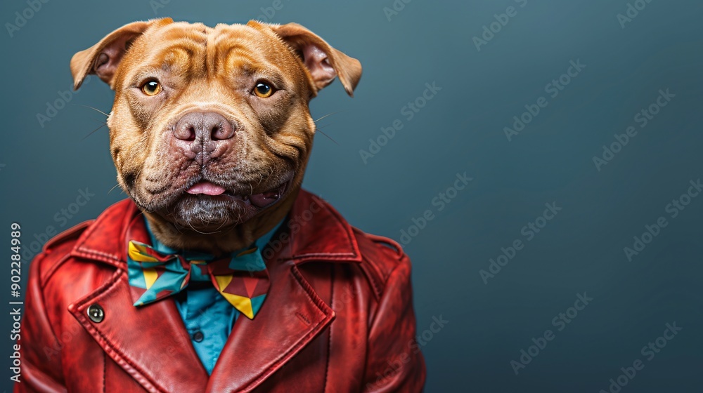 Aufkleber Playful dog smiling and dressed in a vivid red leather suit with a colorful leather bowtie leaving significant empty space on the left side of the image Stock Photo with copy space