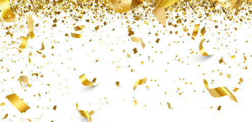 Elegant Gold Confetti and Ribbons Falling on White Background, Perfect for a New Year Celebration or Festival Banner Design, High Resolution Vector Illustration with Space for Custom Text