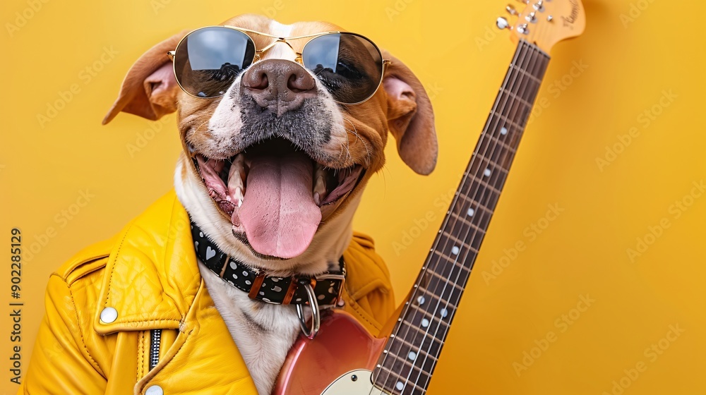 Poster dog playing a guitar while wearing a vibrant yellow leather outfit and stylish accessories ensuring 