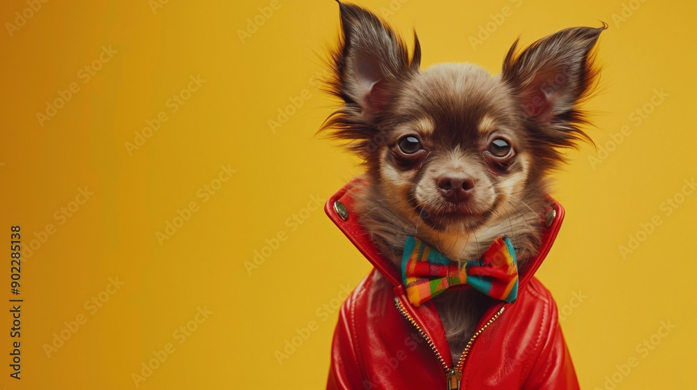 Aufkleber playful dog smiling and dressed in a vivid red leather suit with a colorful leather bowtie leaving s
