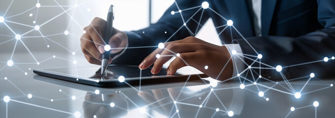 Businessman Using Digital Tablet and Pen with Futuristic Network Connection on White Background, Close-Up of Hands Writing in Notebook with Technology Pattern Illustration