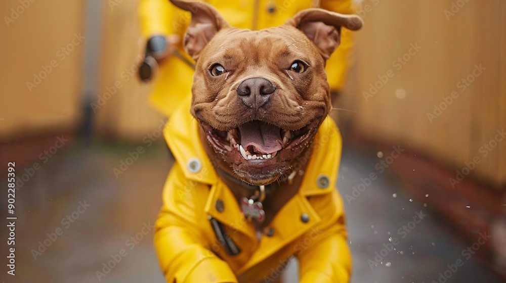 Poster happy dog leaping joyfully in a bright green leather jacket with fashionable sunglasses with signifi