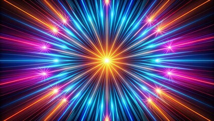 Obraz premium Vibrant neon lines radiate from a central point in a starburst pattern, illuminating a dark charcoal background with electric blues, hot pinks, and sunny yellows.