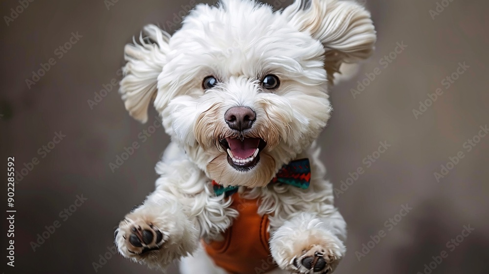 Poster smiling dog wearing a bright orange leather jacket and colorful leather bowtie jumping energetically