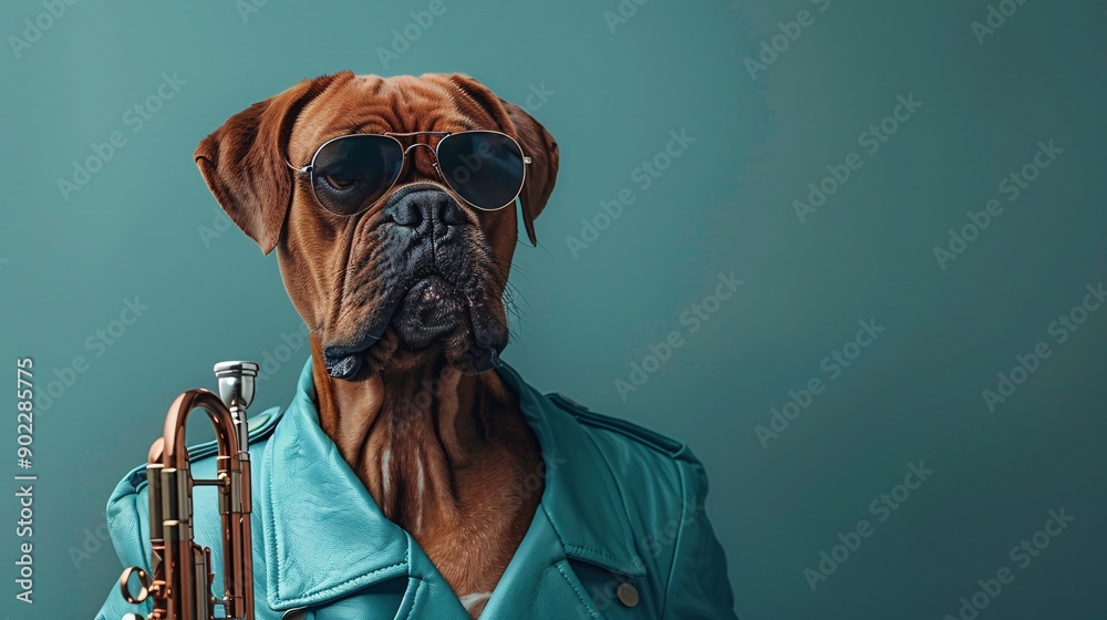Poster dog playing a trumpet in a vibrant turquoise leather outfit with stylish sunglasses ensuring ample e