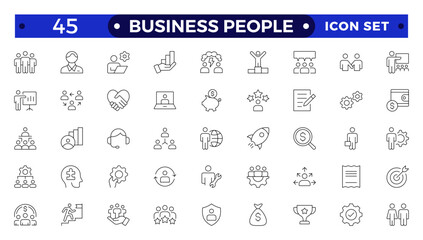 Business people line icons set. Businessman outline icons collection. Teamwork, human resources, meeting, partnership, meeting, work group, success, resume.