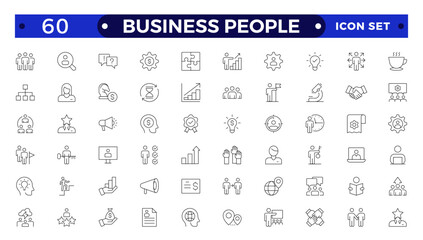 Business people line icons set. Businessman outline icons collection. Teamwork, human resources, meeting, partnership, meeting, work group, success, resume.