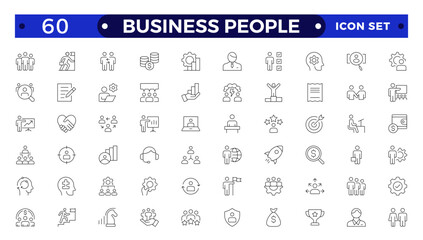 Business people line icons set. Businessman outline icons collection. Teamwork, human resources, meeting, partnership, meeting, work group, success, resume.