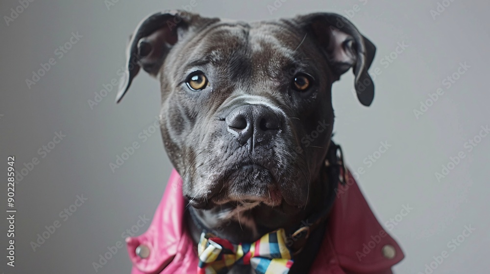 Poster joyful dog wearing a bright pink leather jacket styled like a heavy metal musician with a colorful b