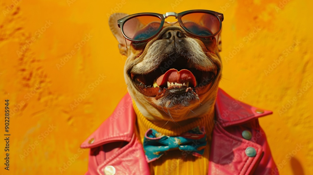 Poster joyful dog wearing a bright pink leather jacket styled like a heavy metal musician with a colorful b