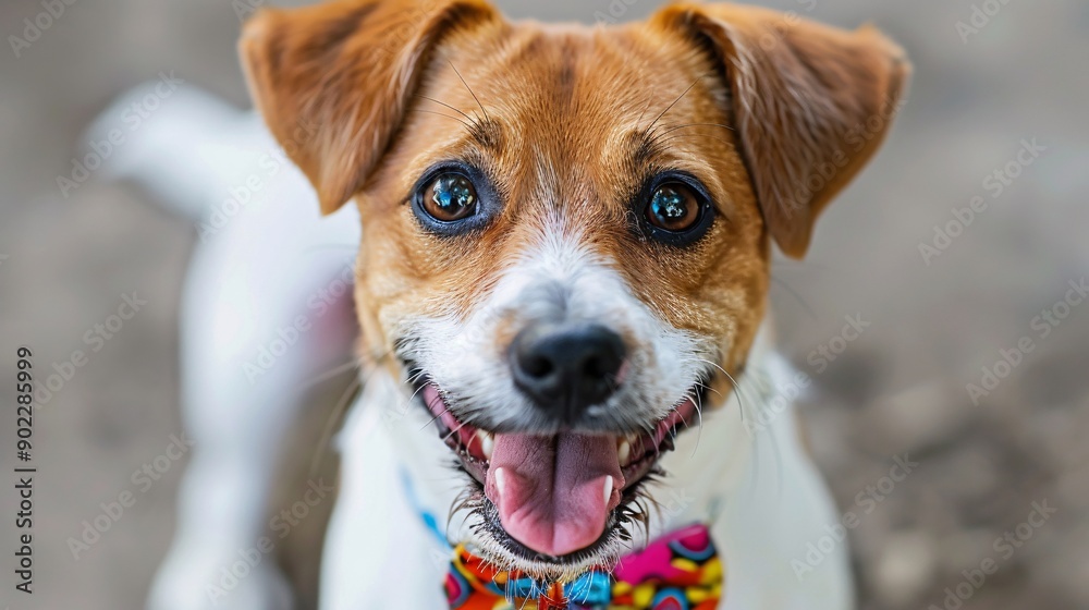 Poster joyful dog wearing a bright pink leather jacket styled like a heavy metal musician with a colorful b