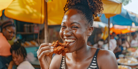 african woman. A portrait of a woman in a market laughing while eating a delicious fried chicken meal.
