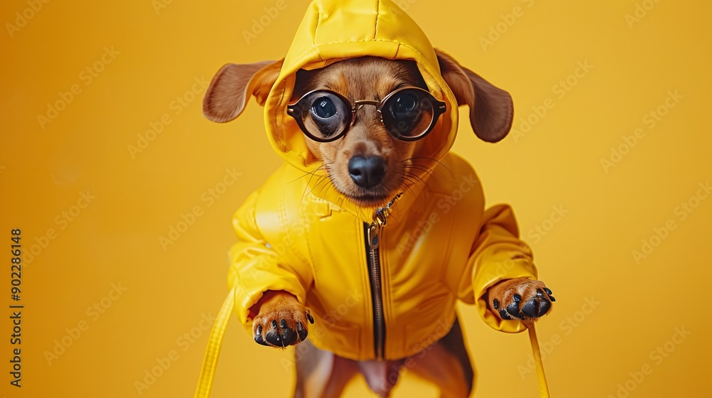 Poster energetic dog jumping high in a bright yellow leather suit with fashionable accessories ensuring the