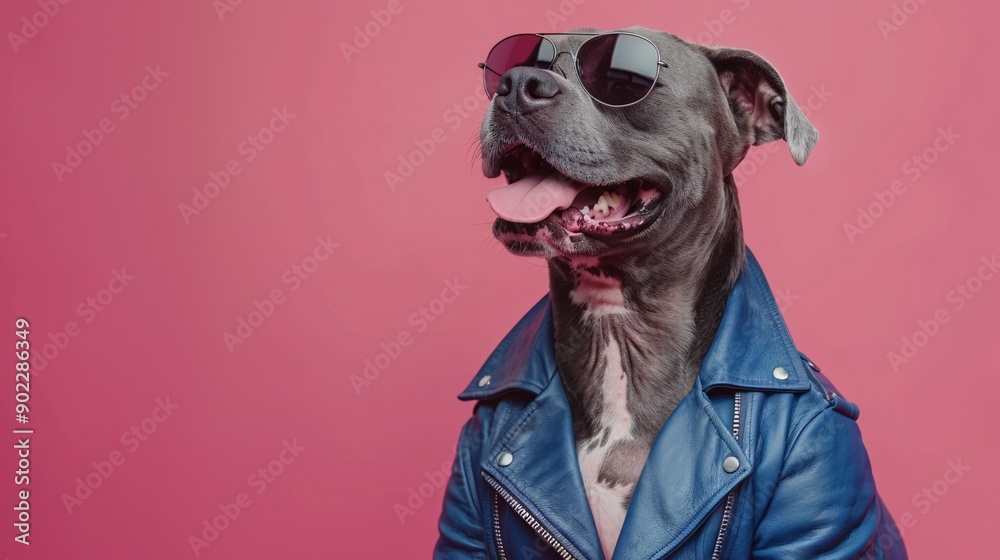 Poster playful dog smiling and dressed in a vivid blue leather outfit with stylish sunglasses with signific