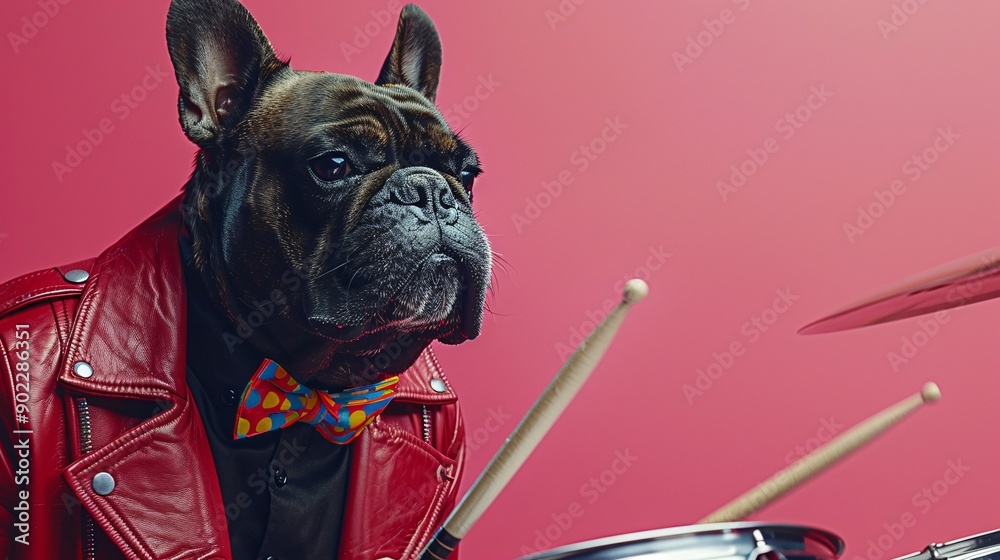 Poster Dog playing a snare drum while wearing a bright red leather jacket and colorful bowtie leaving ample empty space on the left side of the image Stock Photo with copy space