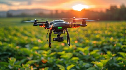 Smart Farming Drones: drones equipped with cameras and sensors flying over fields, providing detailed aerial views and data collection, highlighting the advanced surveillance capabilities.