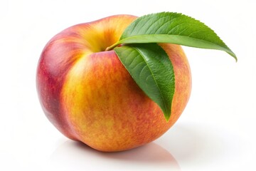 Fresh and juicy peach with a single green leaf on a crisp white background, showcasing nature's sweet and nutritious superfood in its purest form.