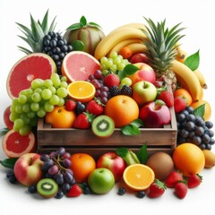 Collection of fresh fruits in a wooden box, isolated on white background