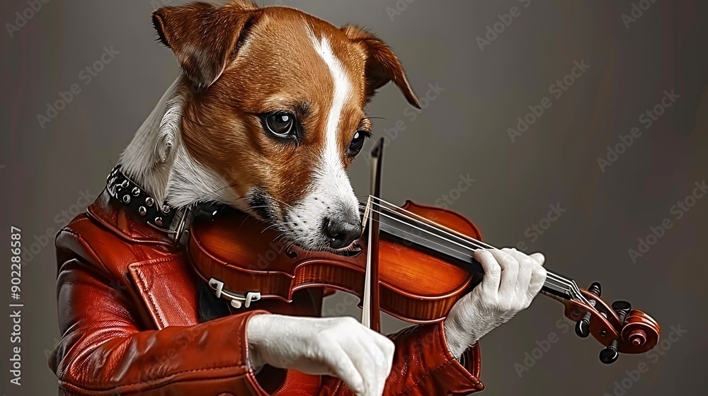 Poster dog dressed in a vibrant orange leather outfit playing a violin with fashionable accessories ensurin