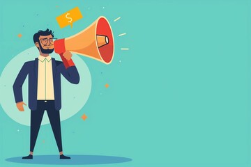 Businessman with Megaphone Announcing Big Sale Event and Dropping Price Tag Graphic