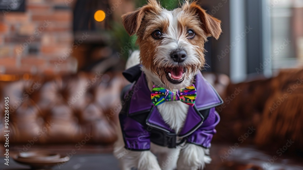 Poster smiling dog wearing a bright purple leather jacket and colorful bowtie jumping energetically leaving