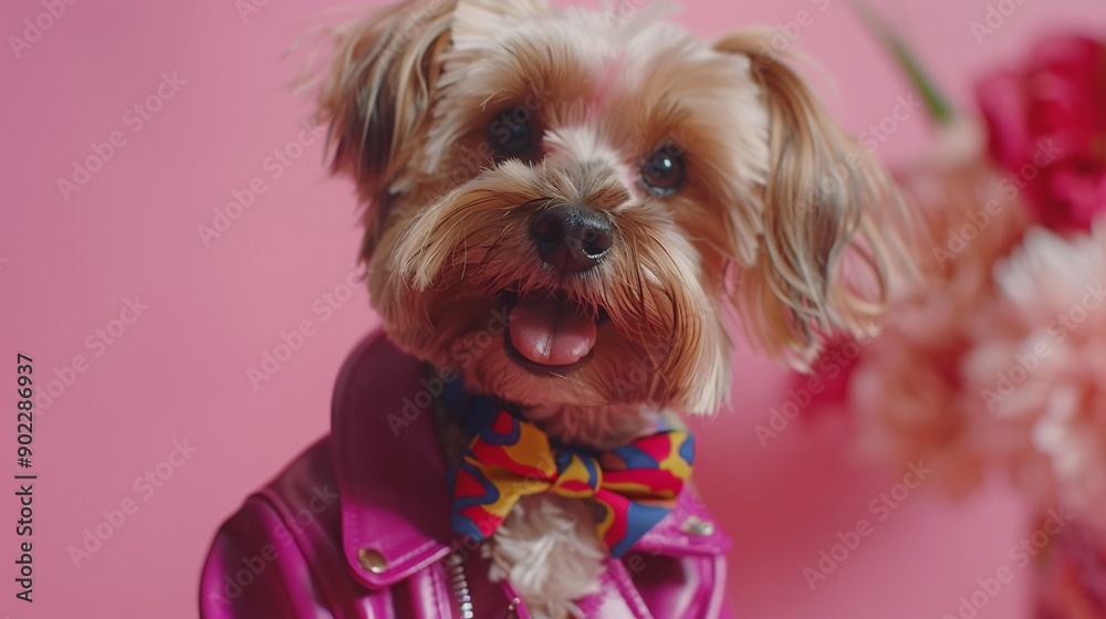 Poster smiling dog wearing a bright purple leather jacket and colorful bowtie jumping energetically leaving