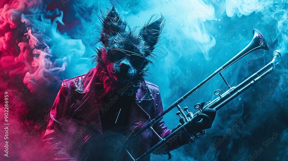 Poster dog playing a trombone in a vivid pink leather suit styled like a heavy metal musician with stylish 