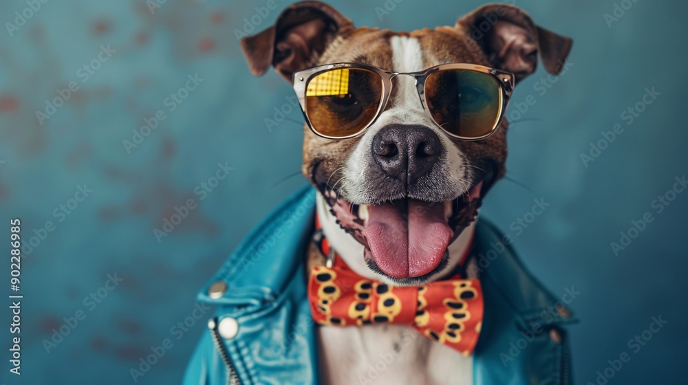 Poster joyful dog wearing a bright turquoise leather jacket with fashionable accessories and colorful bowti