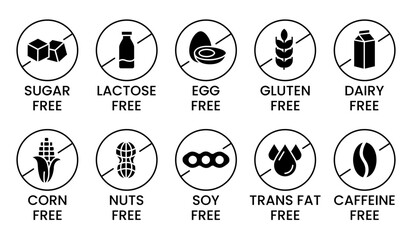 Set allergen free icons. Allergen free products. Products warning symbols. Lactose, gluten, sugar, corn, egg, trans fat, soy, nuts free, coffeine sign.
