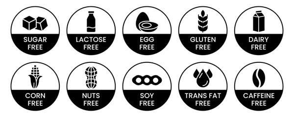 Set allergen free icons. Allergen free products. Products warning symbols. Lactose, gluten, sugar, corn, egg, trans fat, soy, nuts free, coffeine sign.