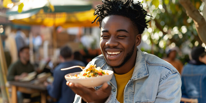 african man. A man smiles happily while holding a bowl of food at an outdoor market, enjoying a delicious meal.