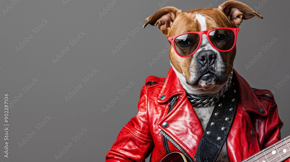 Poster energetic dog jumping high in a bright red leather suit playing a guitar with stylish sunglasses lea