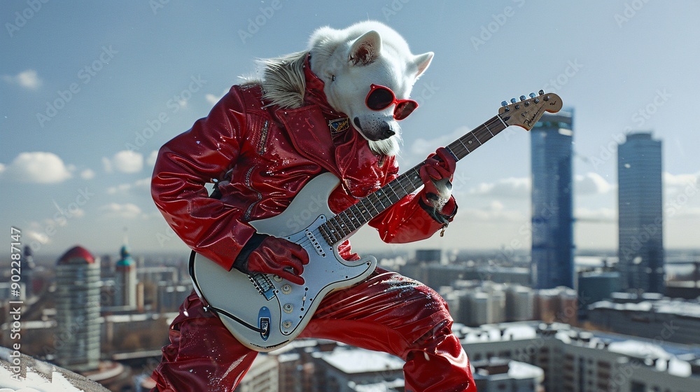 Poster energetic dog jumping high in a bright red leather suit playing a guitar with stylish sunglasses lea