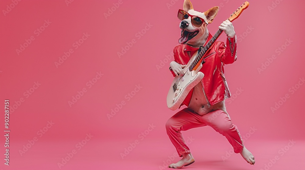 Aufkleber energetic dog jumping high in a bright red leather suit playing a guitar with stylish sunglasses lea