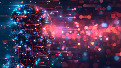 Fototapeta premium A digital illustration of an AI robot head with glowing data streams in the background. The cybernetic head profile showcases a digital human head with illuminated circuitry and flowing data.