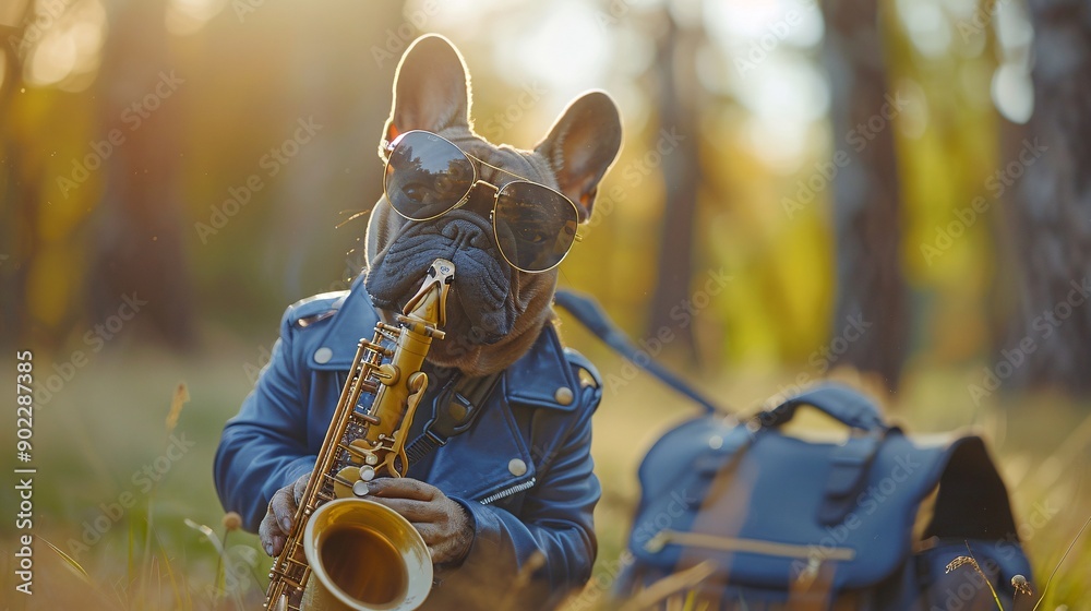 Poster dog playing a saxophone while wearing a bright blue leather jacket with stylish sunglasses ensuring 