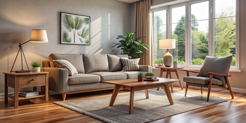 Fototapeta premium Cozy modern living room interior design mockup featuring a comfortable armchair, sleek sofa, and a stylish wooden drawing table amidst warm, natural lighting.