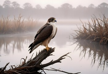 Serene Falcon in Misty Morning: A majestic falcon perches on a weathered branch, its keen gaze fixed on the horizon, amidst a tranquil scene of misty water and tall grasses. The soft, ethereal light a