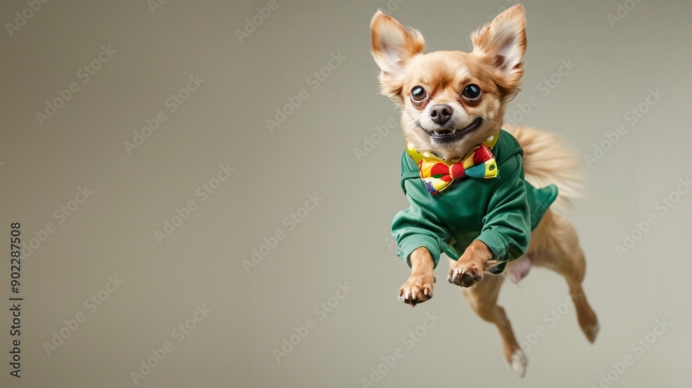 Poster happy dog leaping joyfully in a vivid green leather suit and colorful leather bowtie leaving signifi